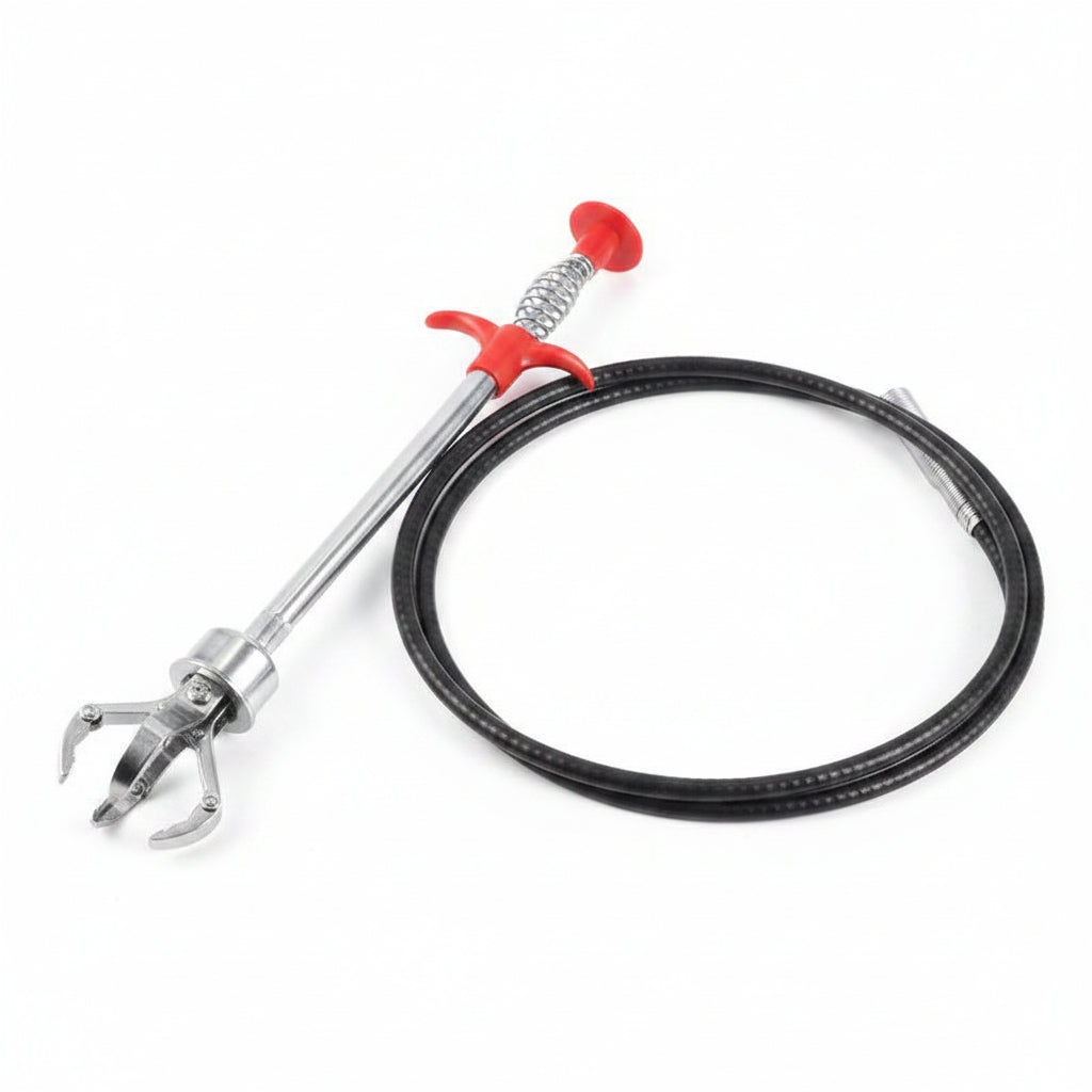 Flexible drain grabber claw reaching into a shower drain to remove a hair clog