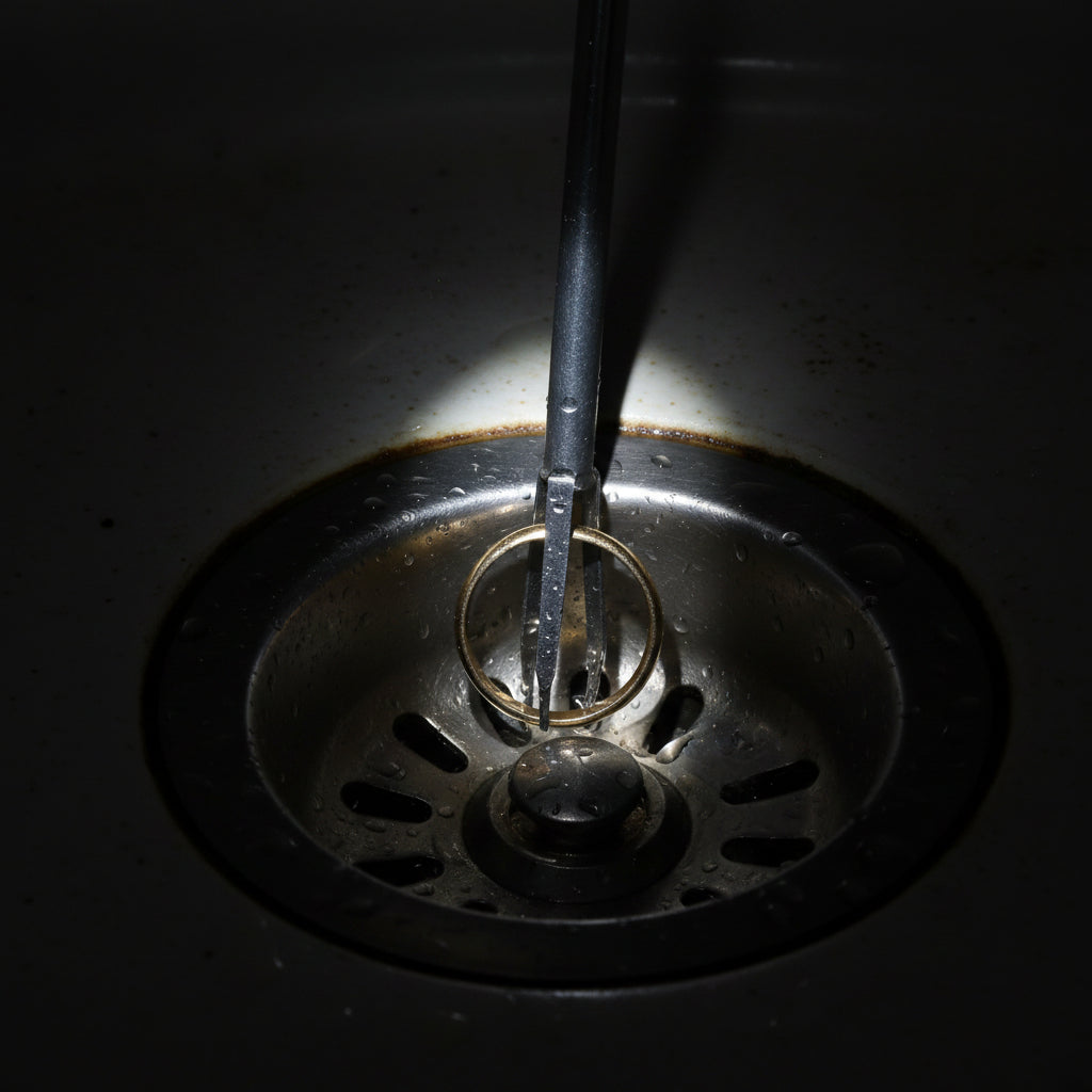 Four steel claws of the drain grabber tool inserted into a bathroom shower drain